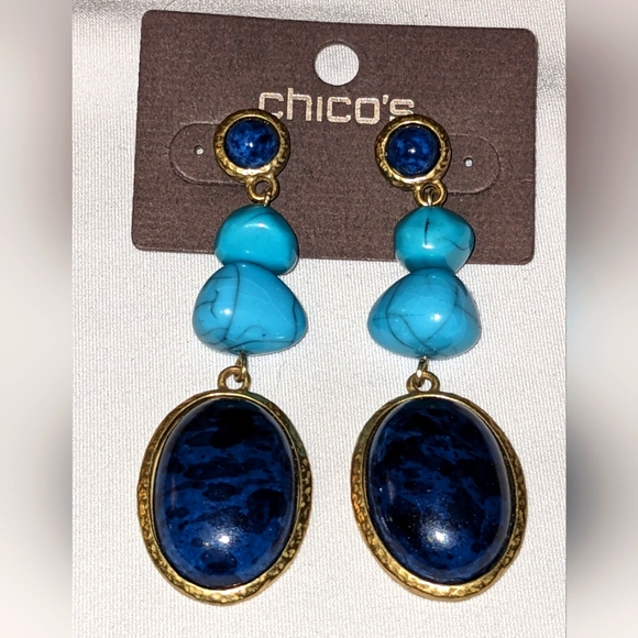 NEW Chicos Gold Turquoise & Blue Lapis Dangle Pierced Earrings - Picture 2 of 10